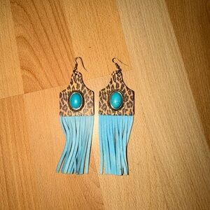 Leopard Print Fringe Earrings with Turquoise Accent